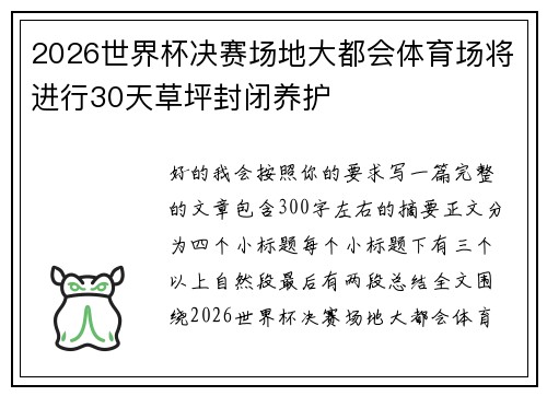 2026世界杯决赛场地大都会体育场将进行30天草坪封闭养护