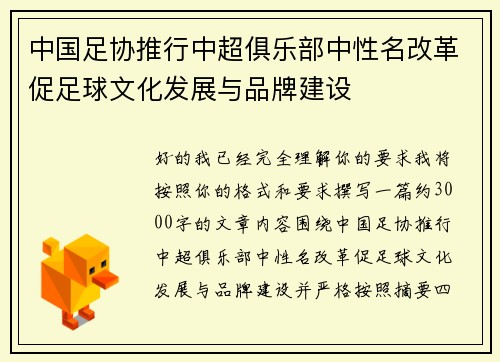 中国足协推行中超俱乐部中性名改革促足球文化发展与品牌建设